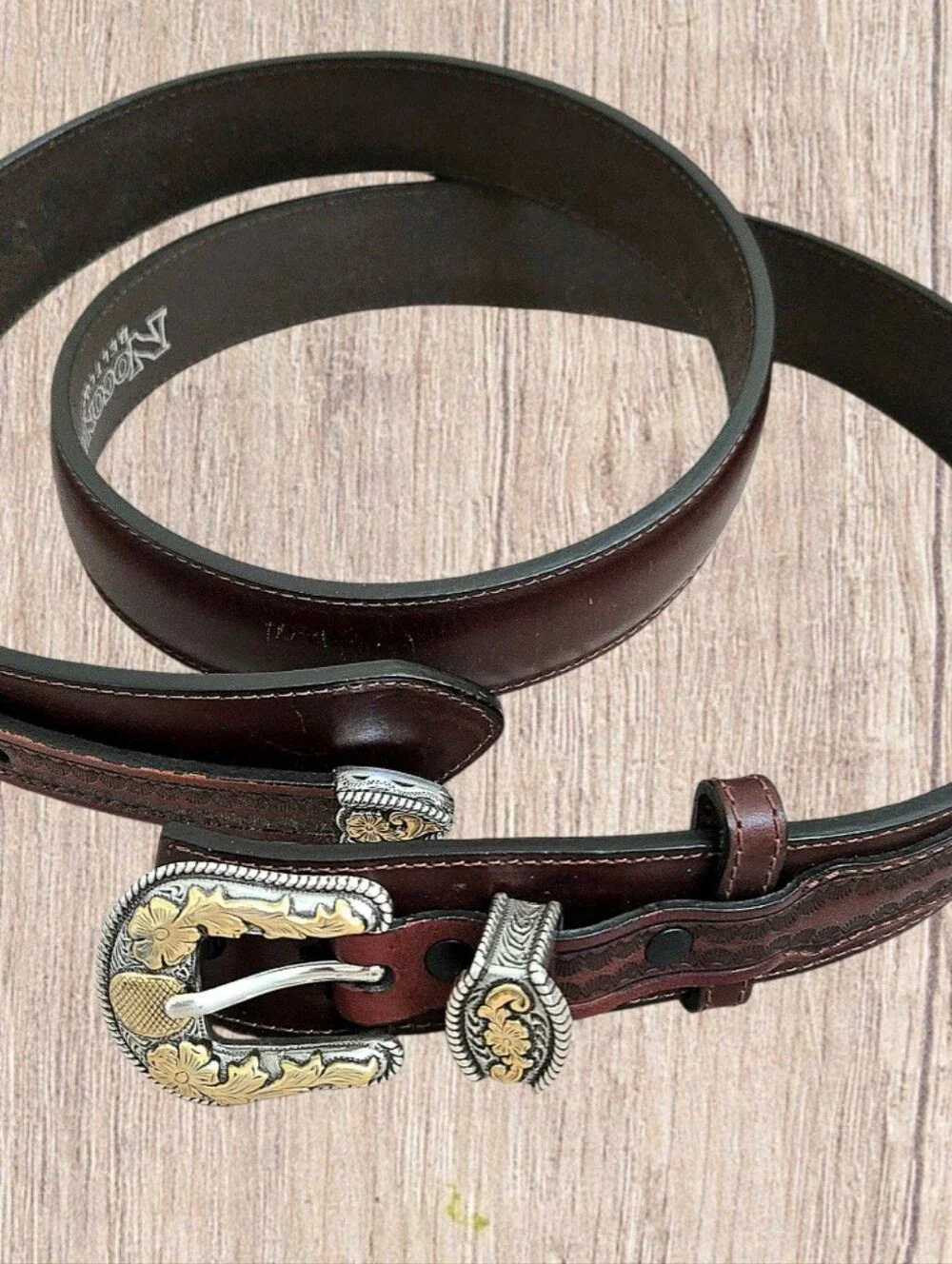 Nocona Western Brown Leather Belt Ornate Silver Gold Buckle Sz 46 Cowboy Ranch